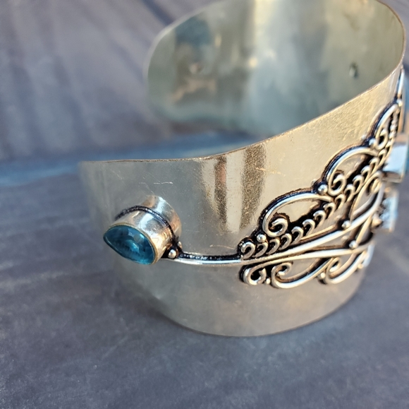 New Carved Goddess Face Blue Quartz 925 Silver Bracelet. - Picture 6 of 10